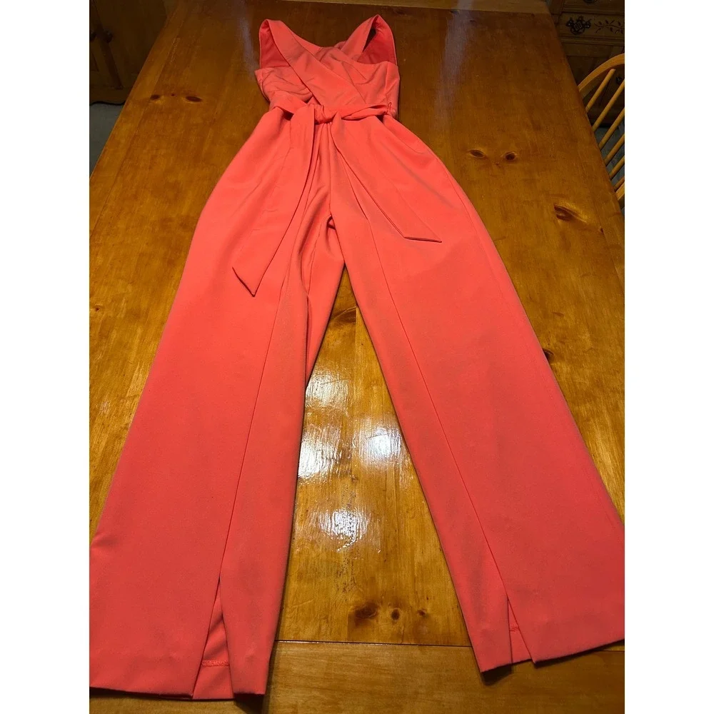 Alex Marie Coral Pink Wide Leg Jumpsuit Sleeveless Surplice Tie Waist Size 8 - Picture 11 of 13